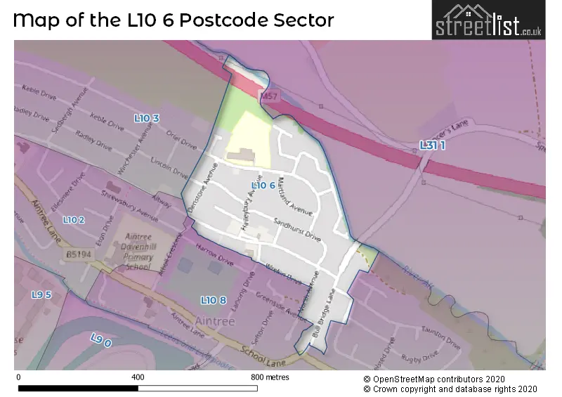 Map of the L10 6 and surrounding postcode sector