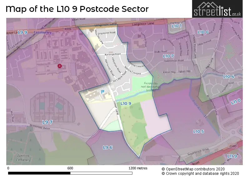 Map of the L10 9 and surrounding postcode sector