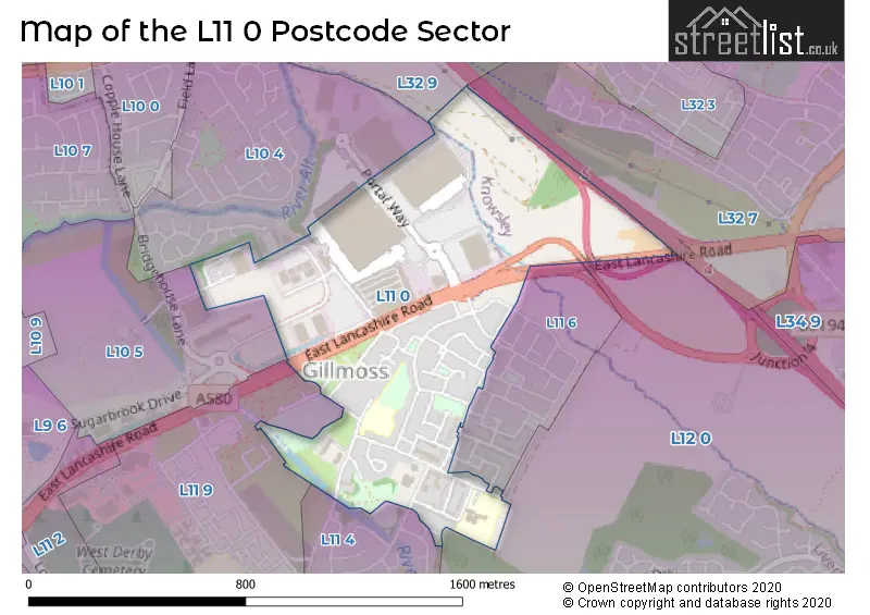 Map of the L11 0 and surrounding postcode sector