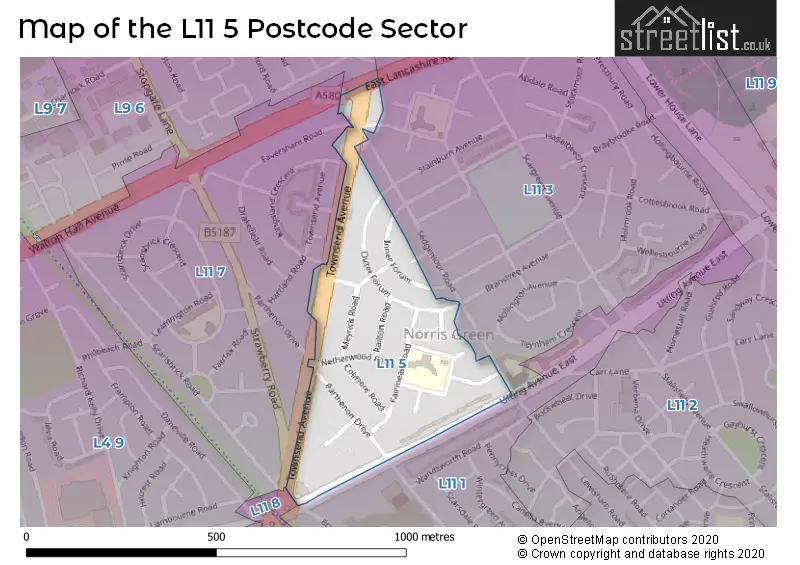 Map of the L11 5 and surrounding postcode sector