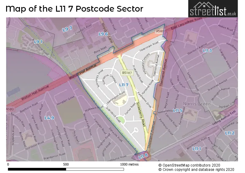 Map of the L11 7 and surrounding postcode sector