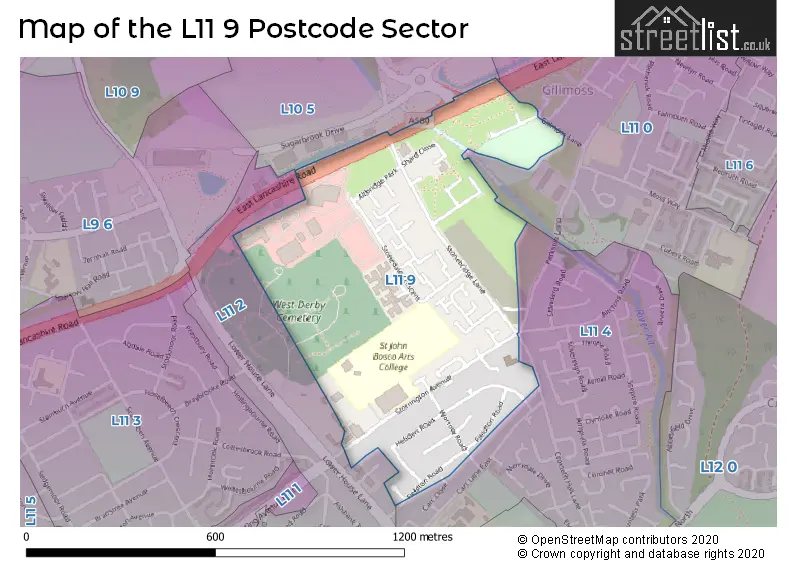 Map of the L11 9 and surrounding postcode sector