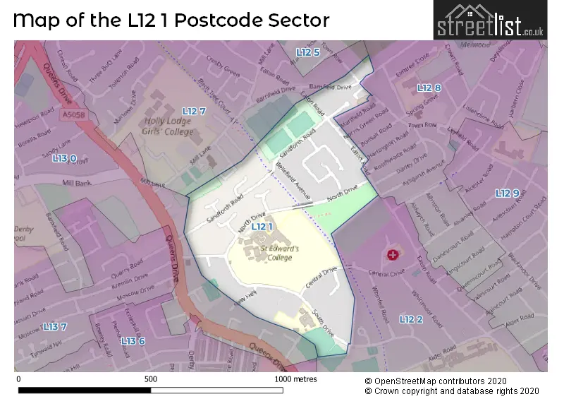 Map of the L12 1 and surrounding postcode sector