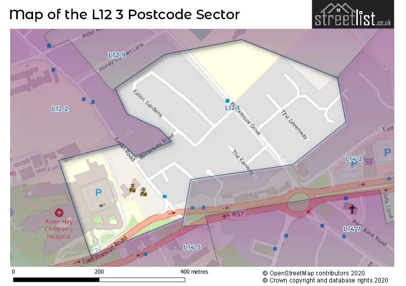 Map of the L12 3 and surrounding postcode sector