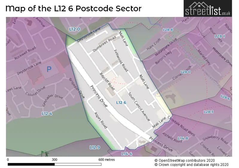 Map of the L12 6 and surrounding postcode sector