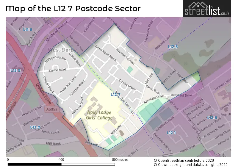 Map of the L12 7 and surrounding postcode sector