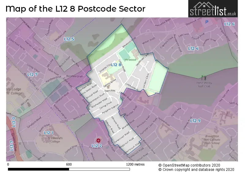 Map of the L12 8 and surrounding postcode sector