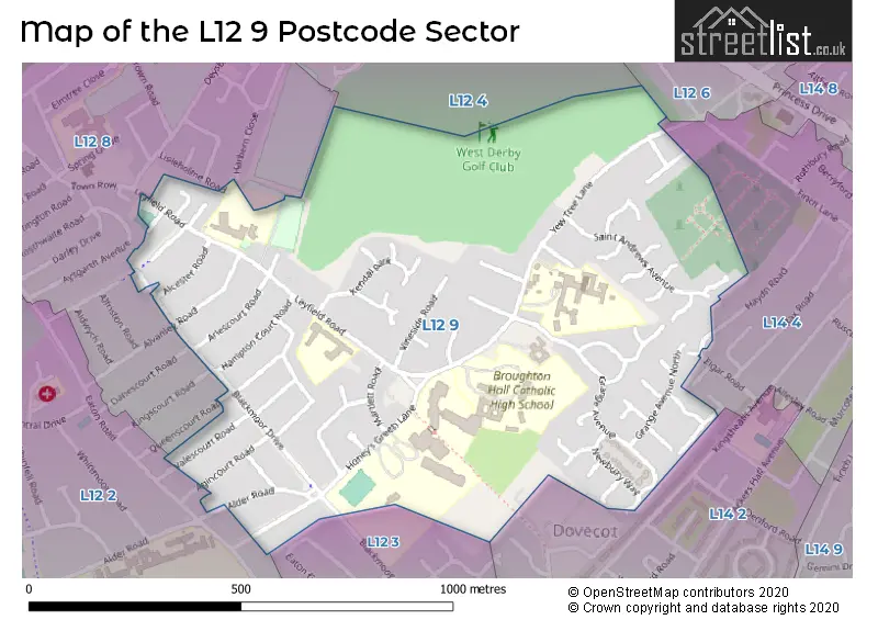 Map of the L12 9 and surrounding postcode sector