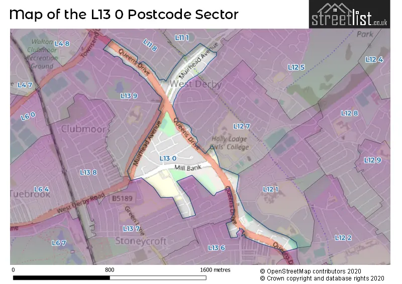 Map of the L13 0 and surrounding postcode sector