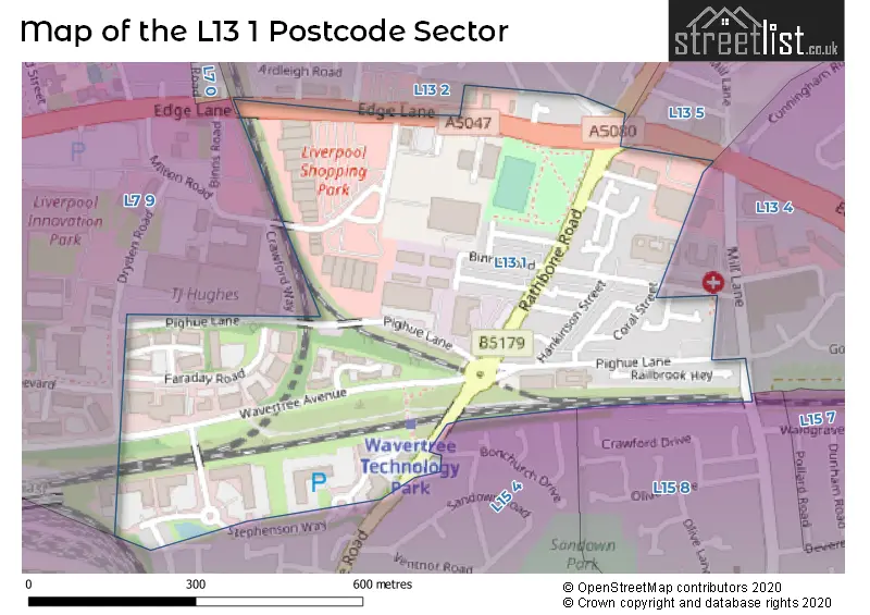 Map of the L13 1 and surrounding postcode sector
