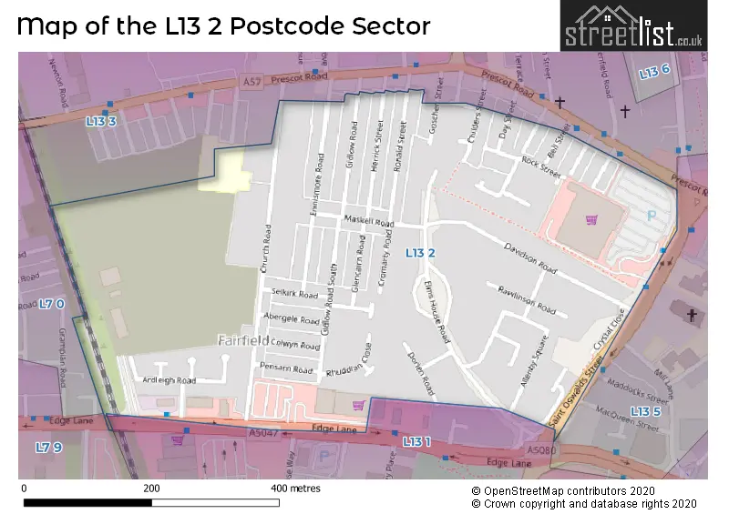 Map of the L13 2 and surrounding postcode sector