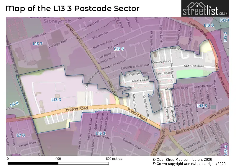 Map of the L13 3 and surrounding postcode sector