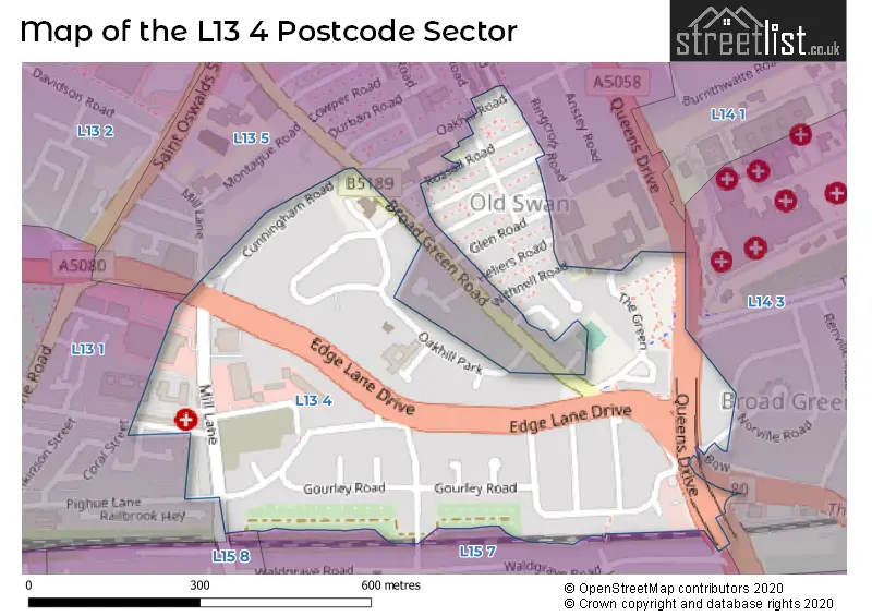 Map of the L13 4 and surrounding postcode sector
