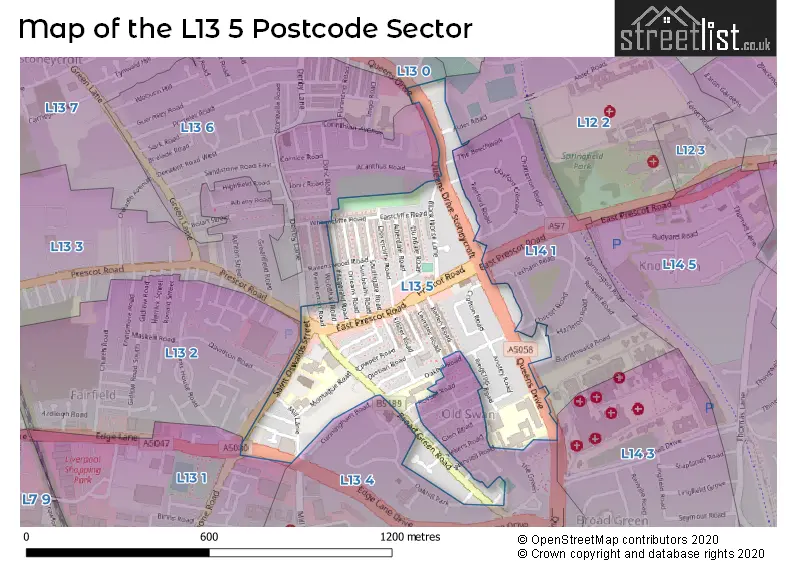 Map of the L13 5 and surrounding postcode sector