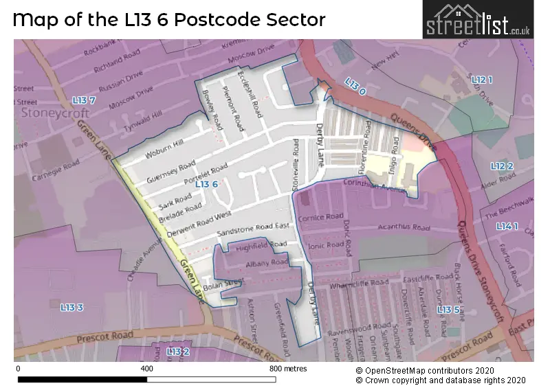 Map of the L13 6 and surrounding postcode sector