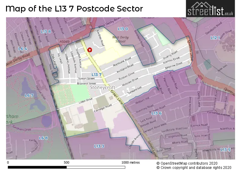 Map of the L13 7 and surrounding postcode sector