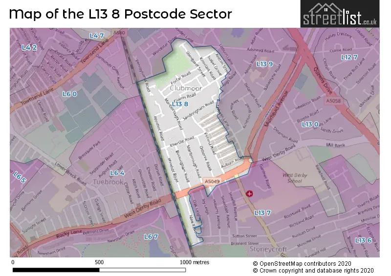 Map of the L13 8 and surrounding postcode sector