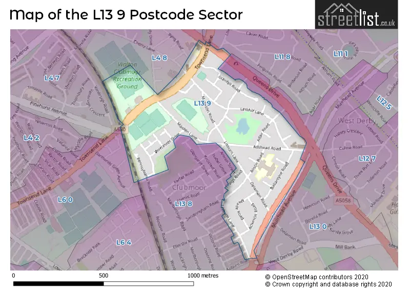 Map of the L13 9 and surrounding postcode sector