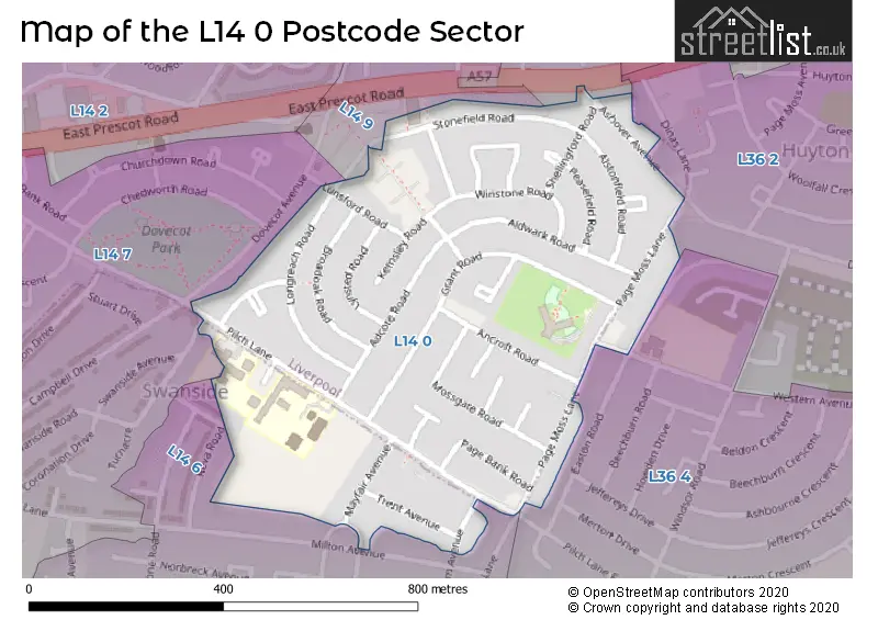 Map of the L14 0 and surrounding postcode sector