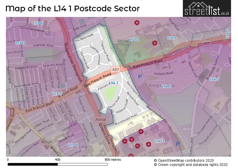 Map of the L14 1 and surrounding postcode sector