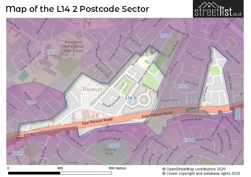 Map of the L14 2 and surrounding postcode sector