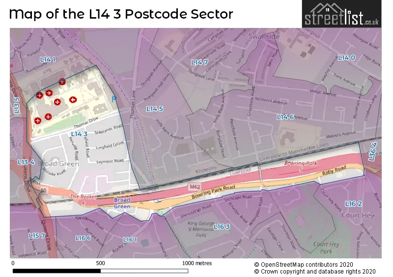 Map of the L14 3 and surrounding postcode sector