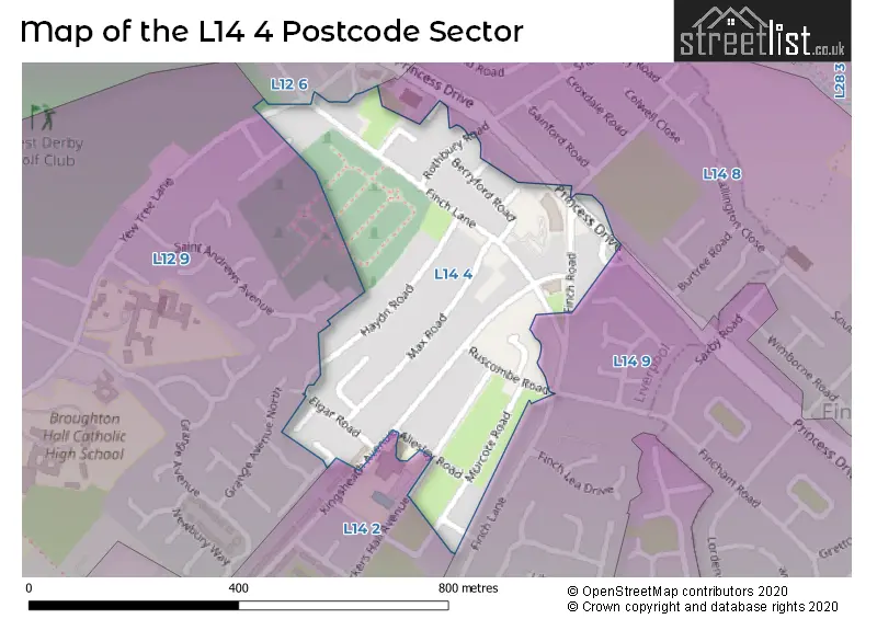 Map of the L14 4 and surrounding postcode sector