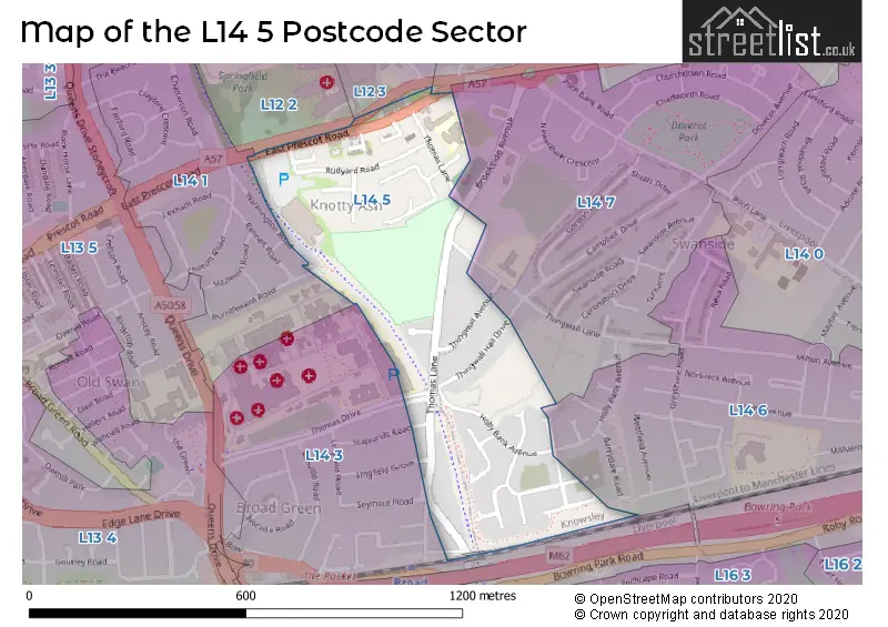 Map of the L14 5 and surrounding postcode sector