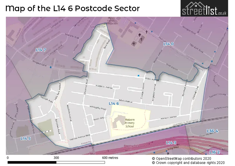 Map of the L14 6 and surrounding postcode sector