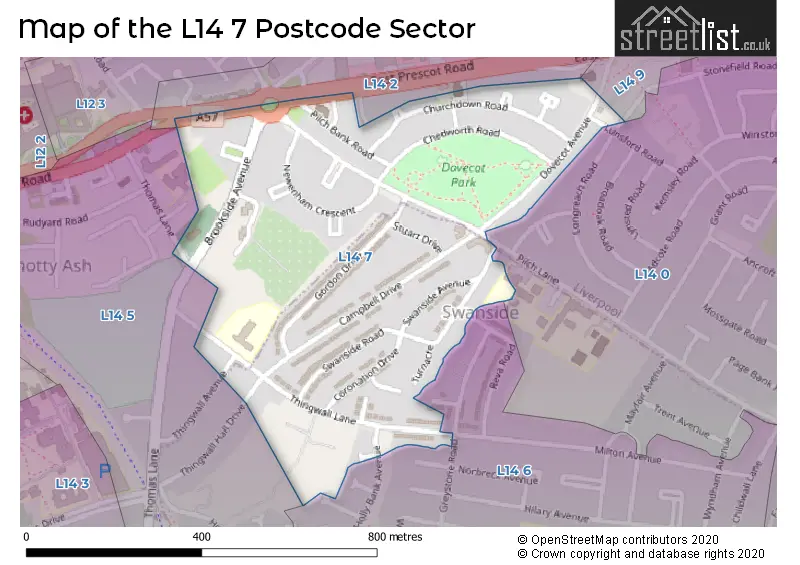 Map of the L14 7 and surrounding postcode sector