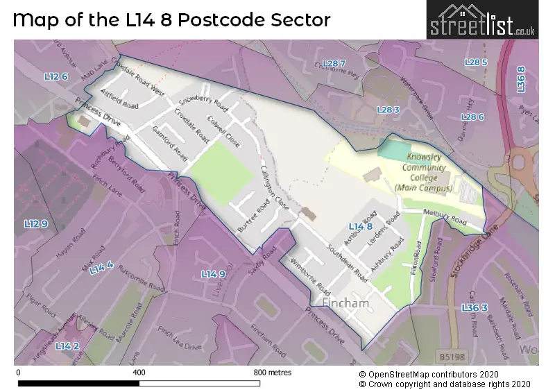 Map of the L14 8 and surrounding postcode sector