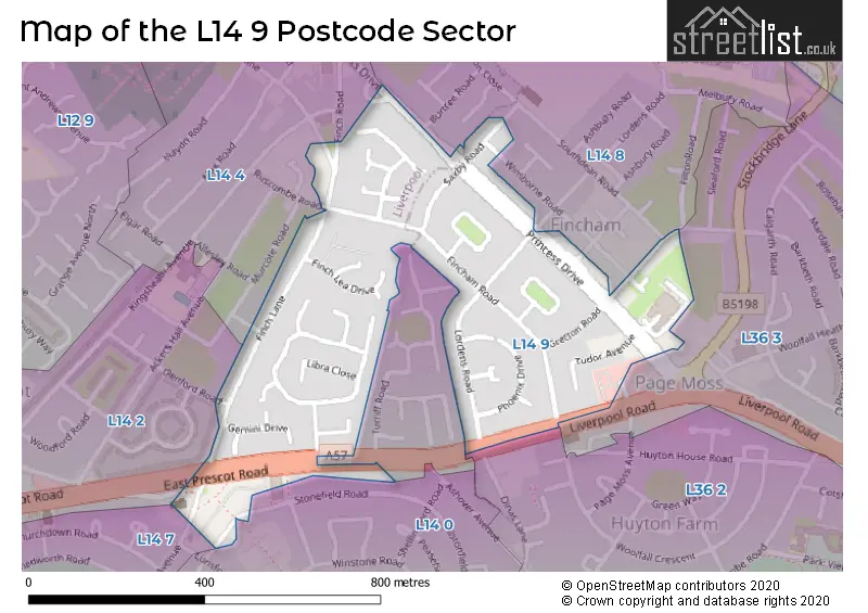 Map of the L14 9 and surrounding postcode sector