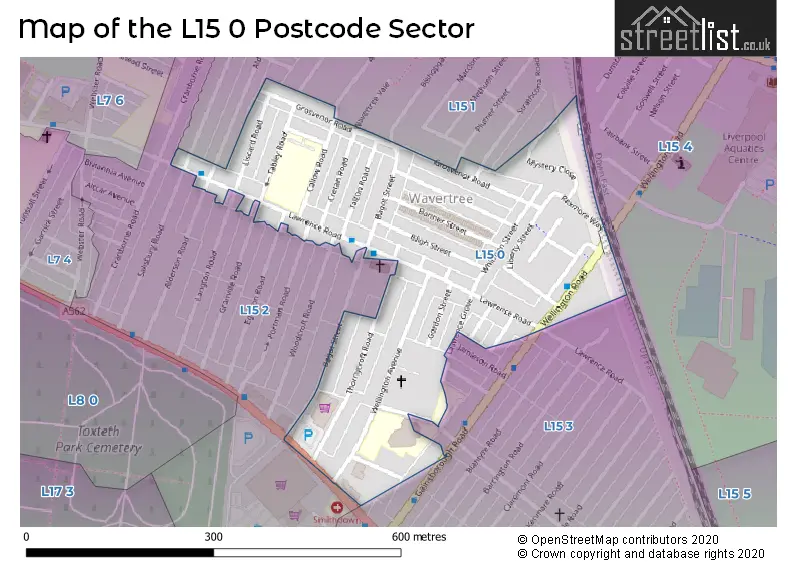 Map of the L15 0 and surrounding postcode sector