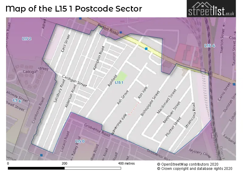 Map of the L15 1 and surrounding postcode sector