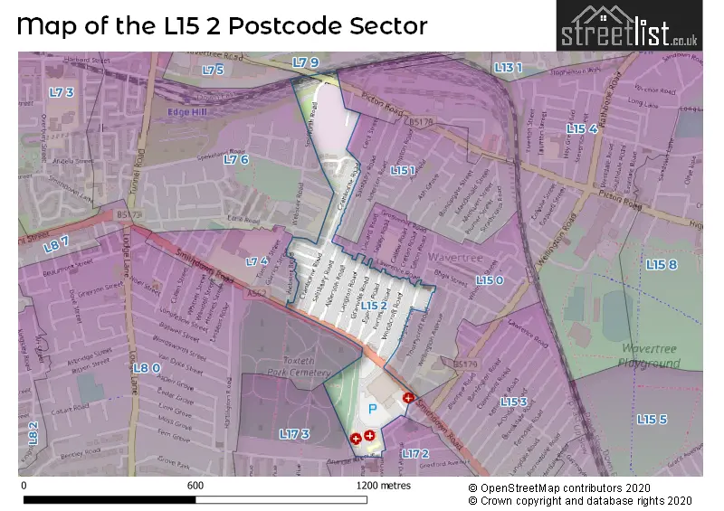 Map of the L15 2 and surrounding postcode sector