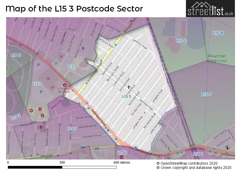 Map of the L15 3 and surrounding postcode sector