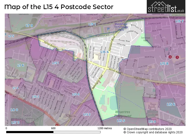 Map of the L15 4 and surrounding postcode sector