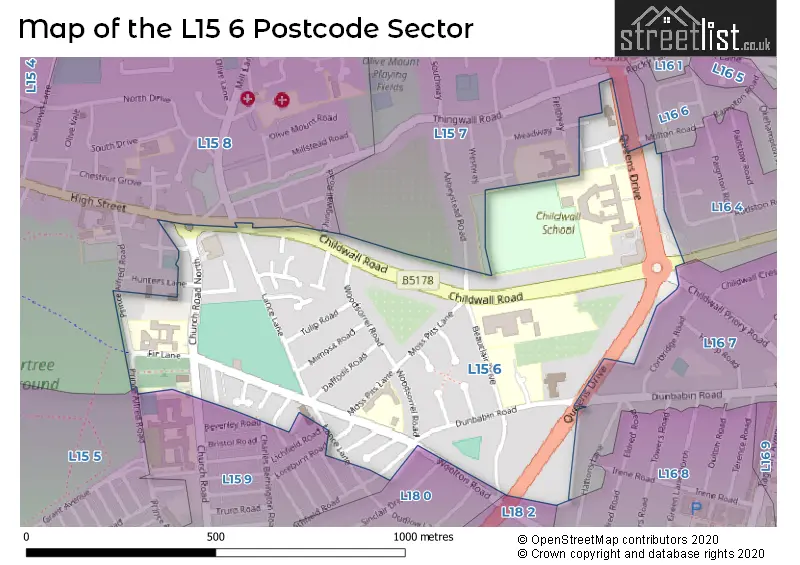 Map of the L15 6 and surrounding postcode sector