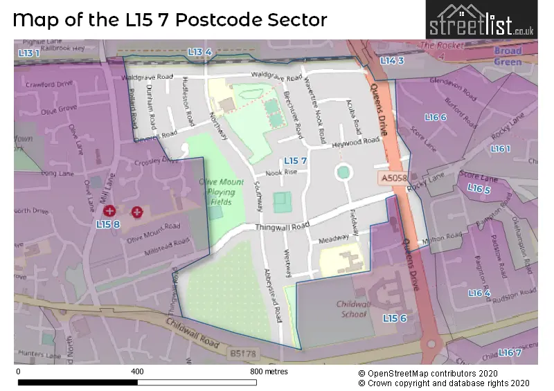 Map of the L15 7 and surrounding postcode sector