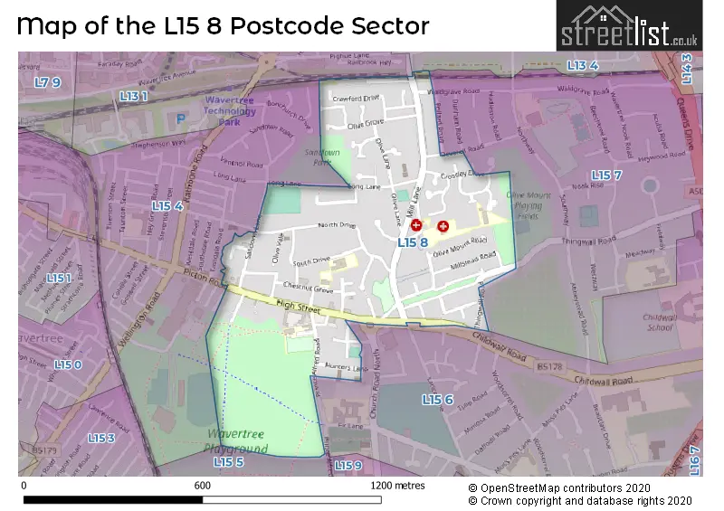 Map of the L15 8 and surrounding postcode sector