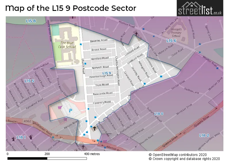 Map of the L15 9 and surrounding postcode sector