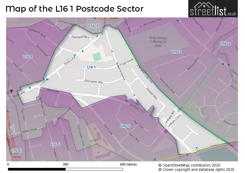 Map of the L16 1 and surrounding postcode sector
