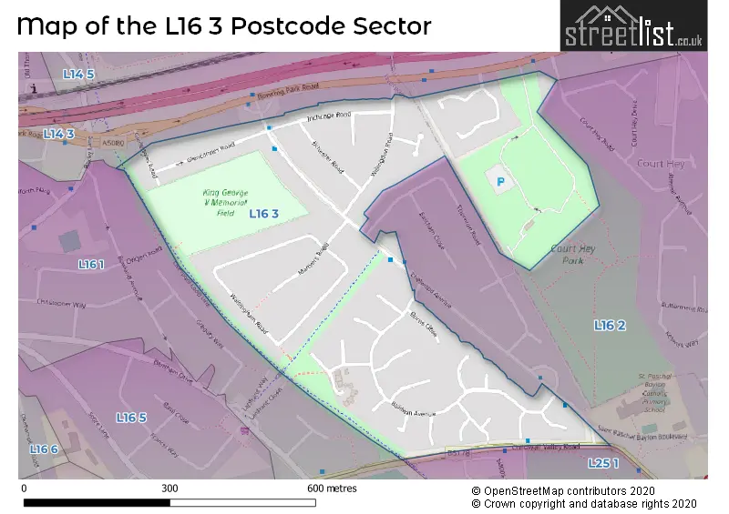 Map of the L16 3 and surrounding postcode sector