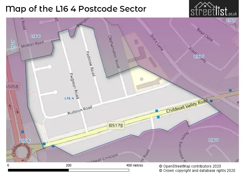 Map of the L16 4 and surrounding postcode sector