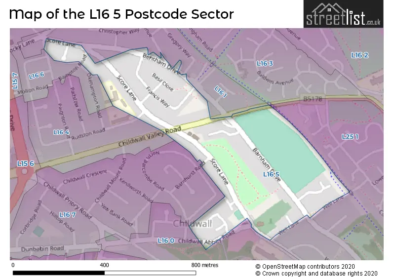 Map of the L16 5 and surrounding postcode sector