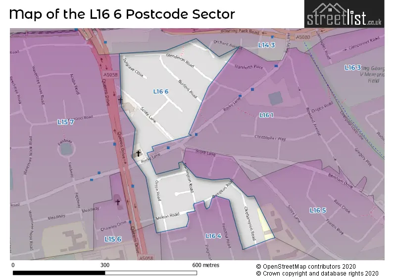 Map of the L16 6 and surrounding postcode sector