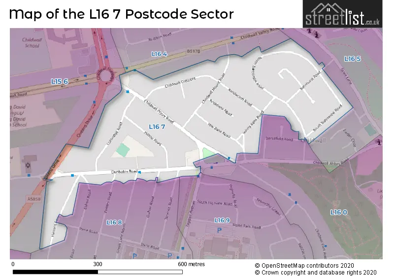 Map of the L16 7 and surrounding postcode sector