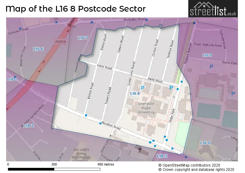 Map of the L16 8 and surrounding postcode sector