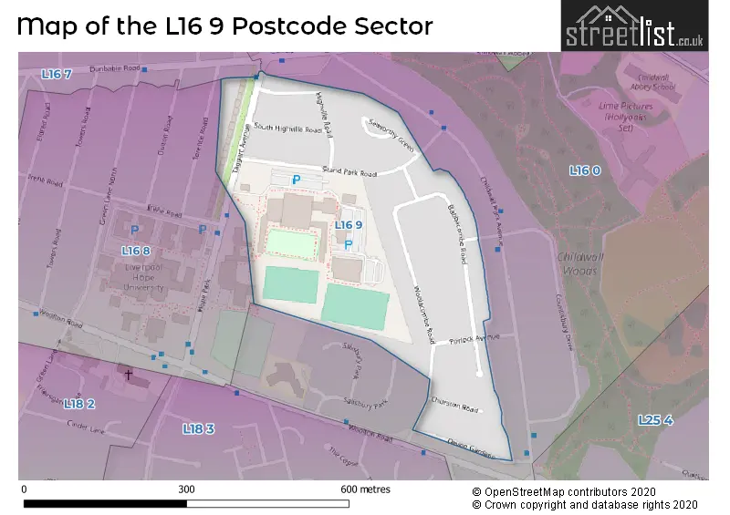Map of the L16 9 and surrounding postcode sector