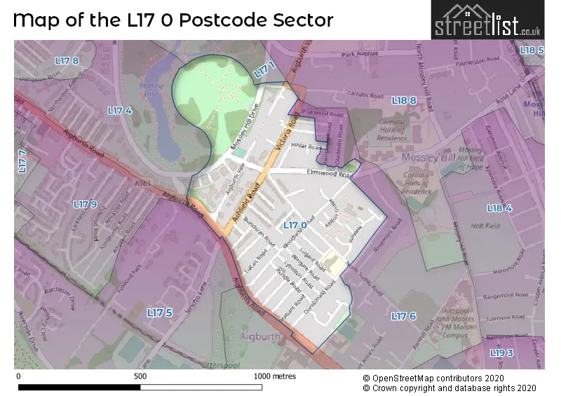 Map of the L17 0 and surrounding postcode sector